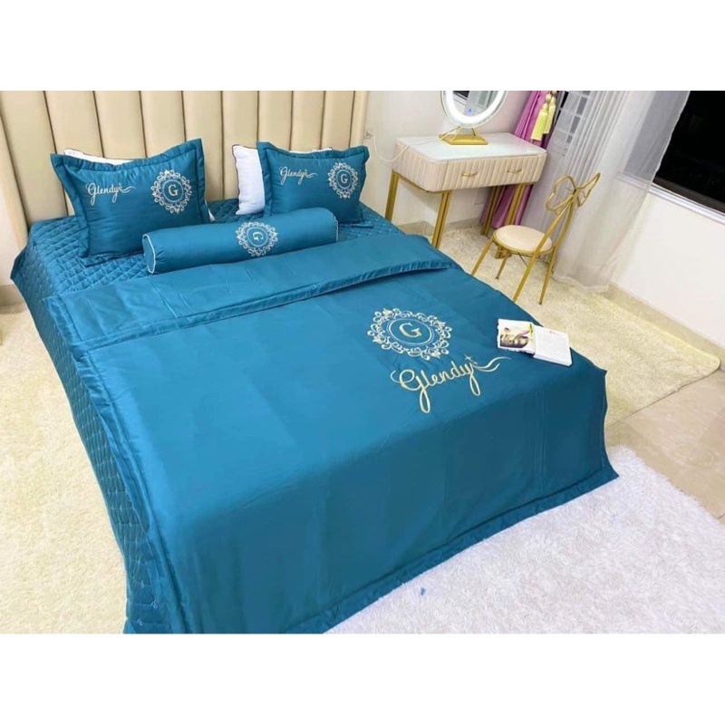 Bộ chăn ga gối phi lụa trần bông combo 5 món thêu sang trọng