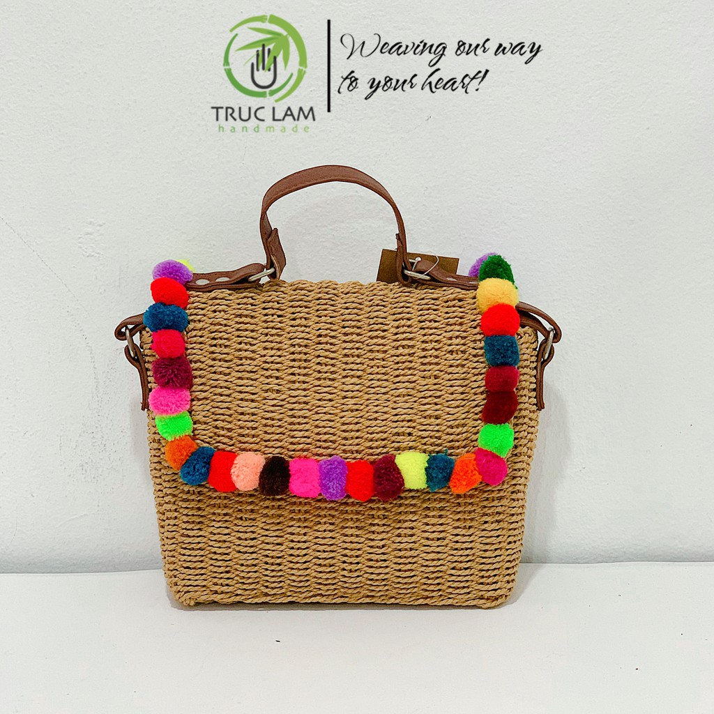 Túi Cói Đeo Chéo Thời Trang Nữ Quai Da Gắn Qủa Bông Nhiều Màu Sắc – Trúc Lâm Handmade