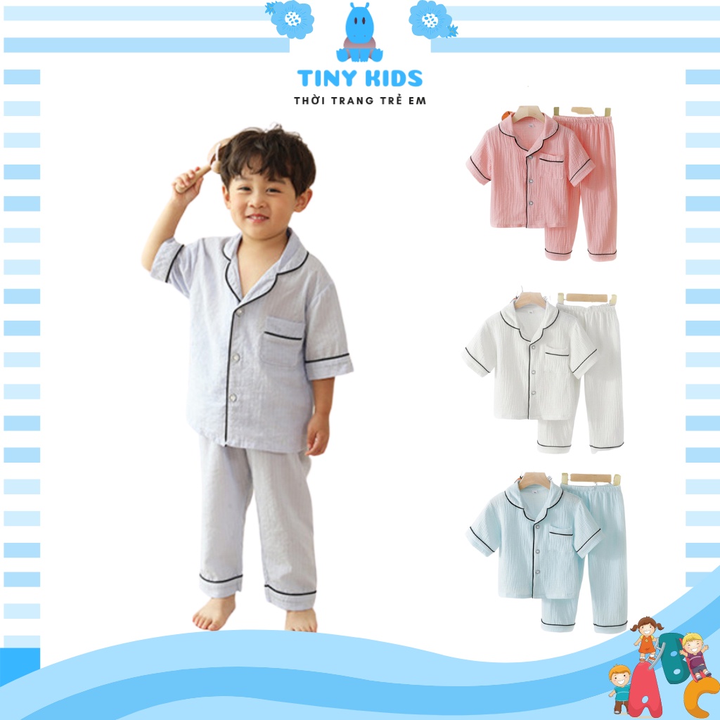 Bộ pijama cho bé ngắn tay xuất xịn, bộ quần áo ngủ chất đũi trẻ em từ 6-28kg Tiny Kids