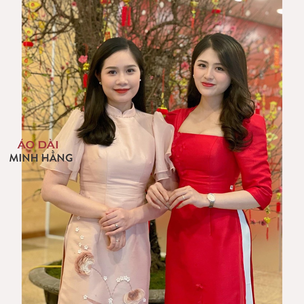 Áo Dài Cách Tân Nữ 4 Tà Tay Bèo Cánh Tiên Đính Hoa, Vải Lụa Tơ Óng Đẹp Nhẹ Nhàng_Áo Dài Minh Hằng