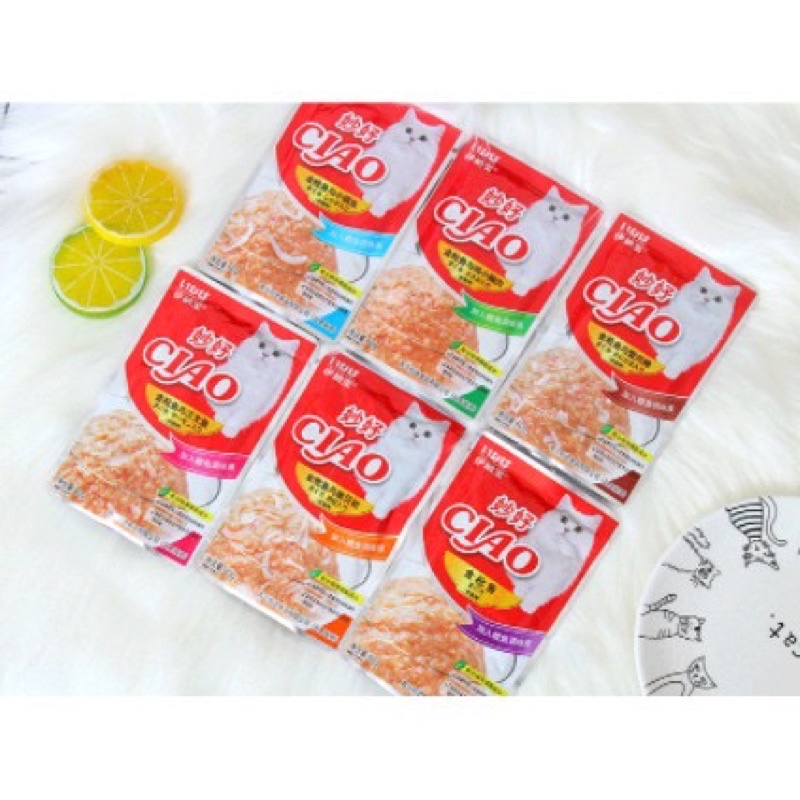 Thức ăn ướt cho mèo Pate CIAO Gói Nhuyễn 60gr, Pate thưởng cho mèo vị Cua,Sò,Gà,Cá Hồi,Cá Cơm Mix Vị Tổng Hợp