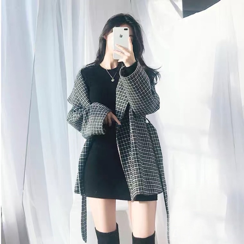 Áo dạ kẻ dáng dài kèm thắt đai vintage by