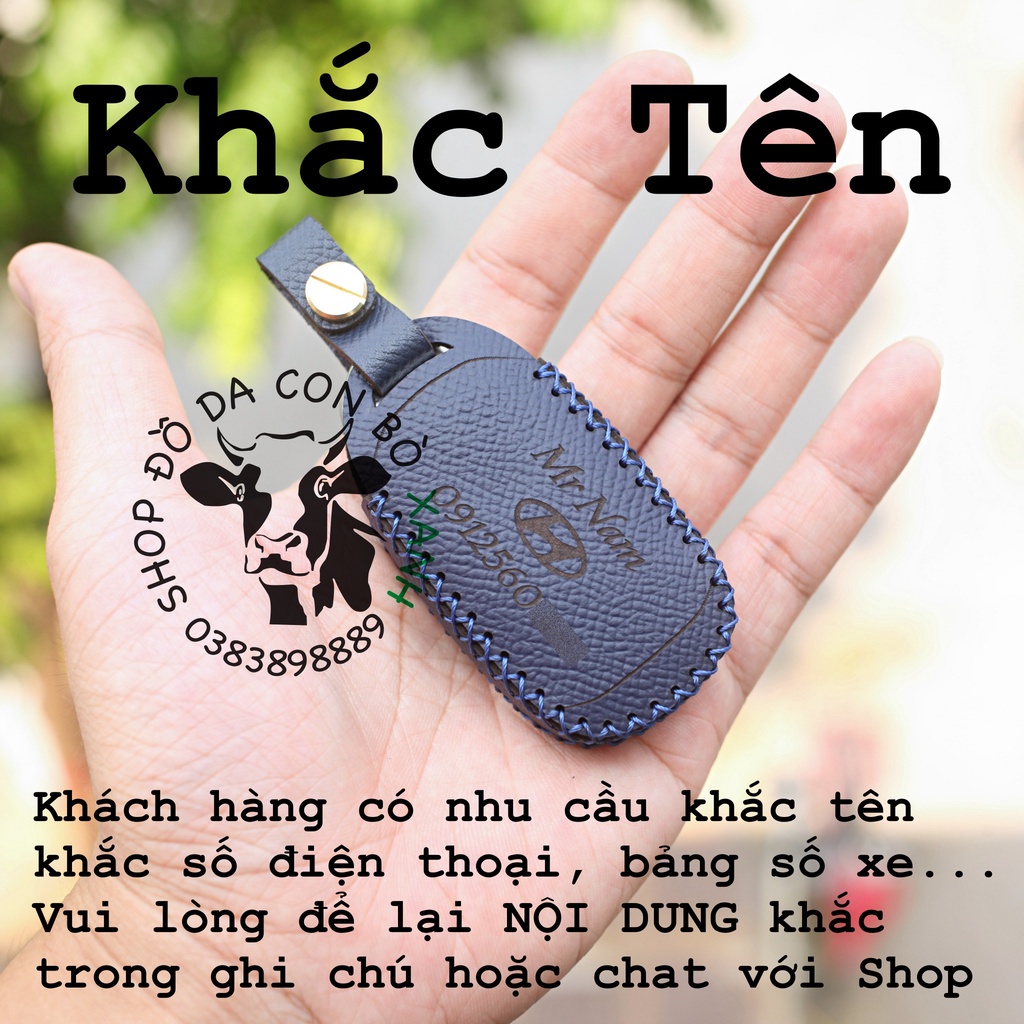 [Xanh navy] Bao da chìa khoá Hyundai Accent, Kona, Santafe handmade da thật 009