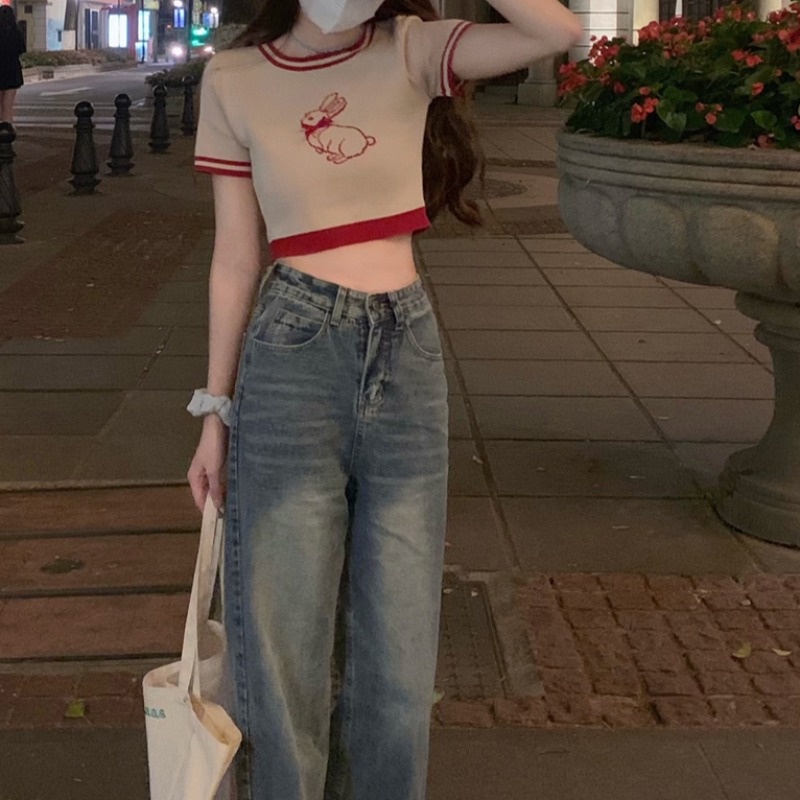 Áo thun dệt kim ZHELIHANGFEI ngắn tay lưng cao thêu họa tiết màu sắc tương phản