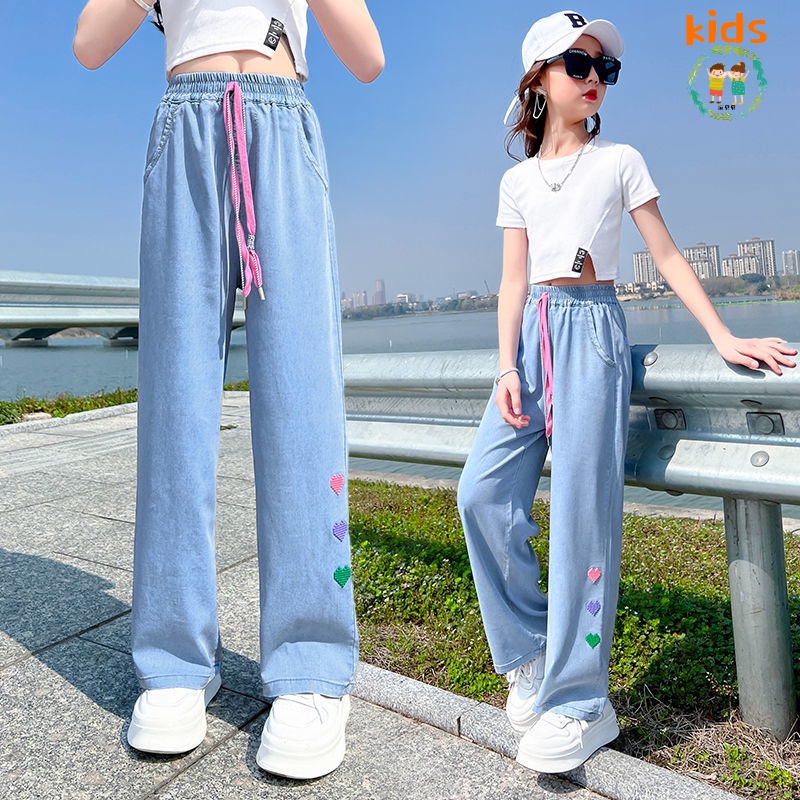 Quần Jeans Ống Rộng Phối Lụa Mát Thời Trang Mới Cho Bé Gái 8-10-12-13-14 Tuổi