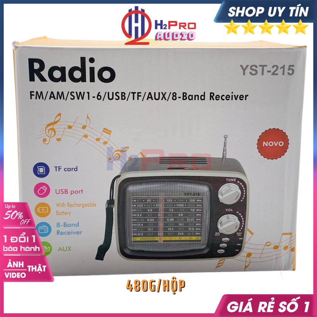 Máy Radio Dáng Tivi Cổ Điển, Đài Radio Nghe Nhạc YST-215 Fm-Am-Sw1-6, Usb/Tf/Aux, Quà 50k Pin Sạc Xịn-H2Pro Audio