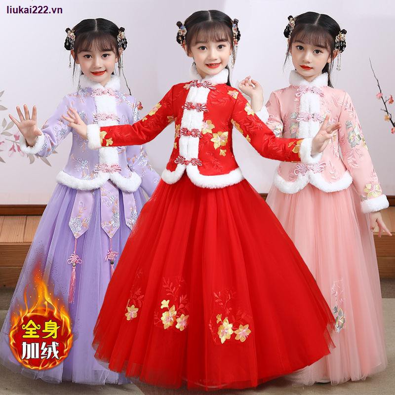 Đầm sườn xám vải nhung dày phong cách Trung Hoa thời trang thu đông cho bé gái