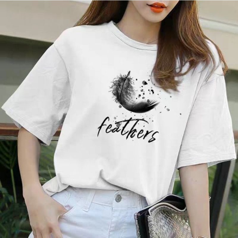 Áo thun nữ tay ngắn in hình lông vũ chất vài cotton co dãn freesize dưới 60kg | BigBuy360 - bigbuy360.vn