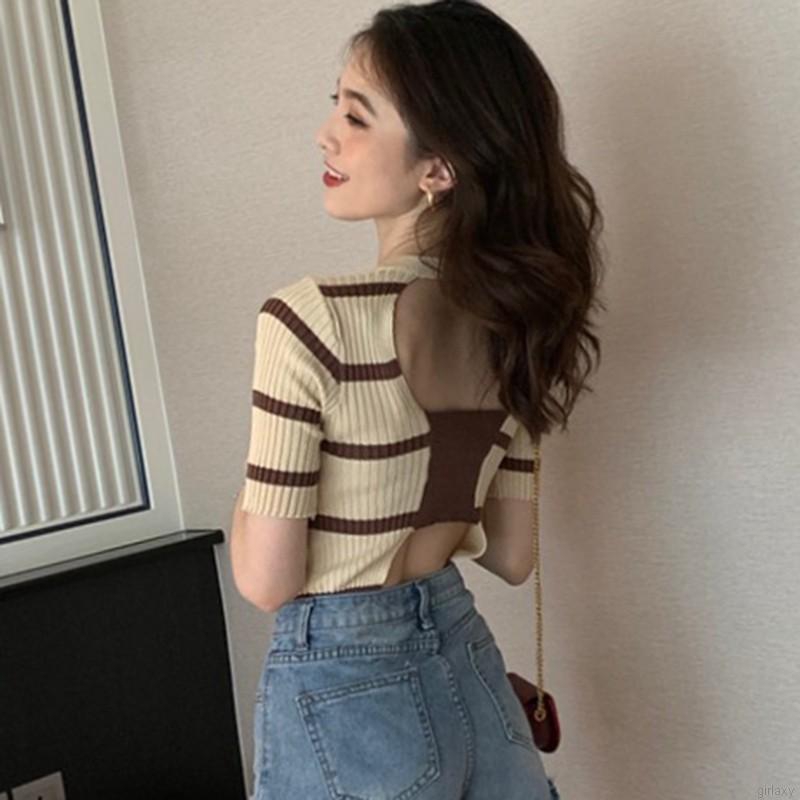 Áo Thun Ngắn Tay Cổ Tròn Sọc Ngang Thời Trang Dành Cho Nữ