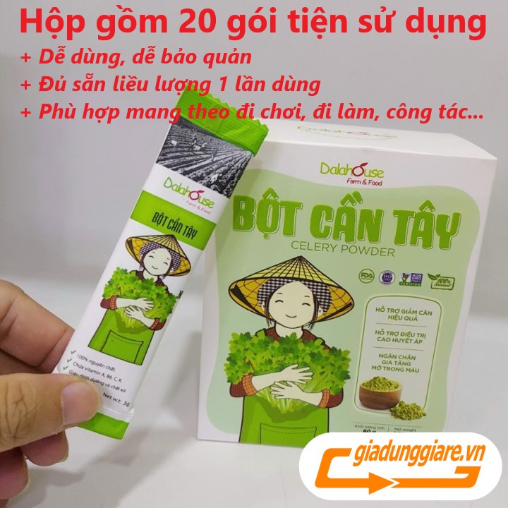 BỘT CẦN TÂY hưu cơ DALAHOUSE (Hộp 60g gồm 20 gói 3g) Thải độc cơ thể dễ dàng với CẦN TÂY tự nhiên - giadunggiare.vn