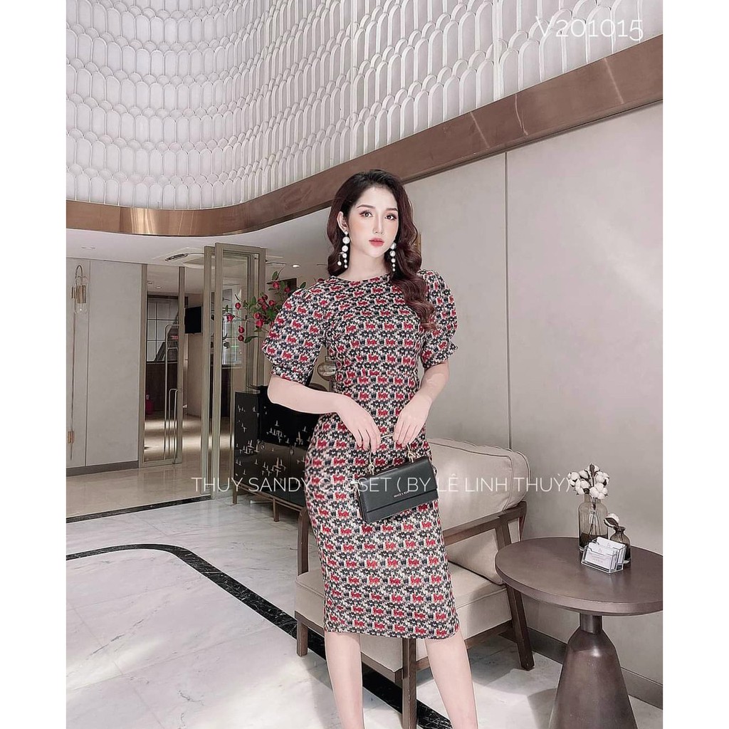 Đầm Tay Phồng Hở Lưng Có Mút Ngực Chất Liệu Thun Dẻo In KTS Thời Trang Nữ ĐẶNG DIỆU