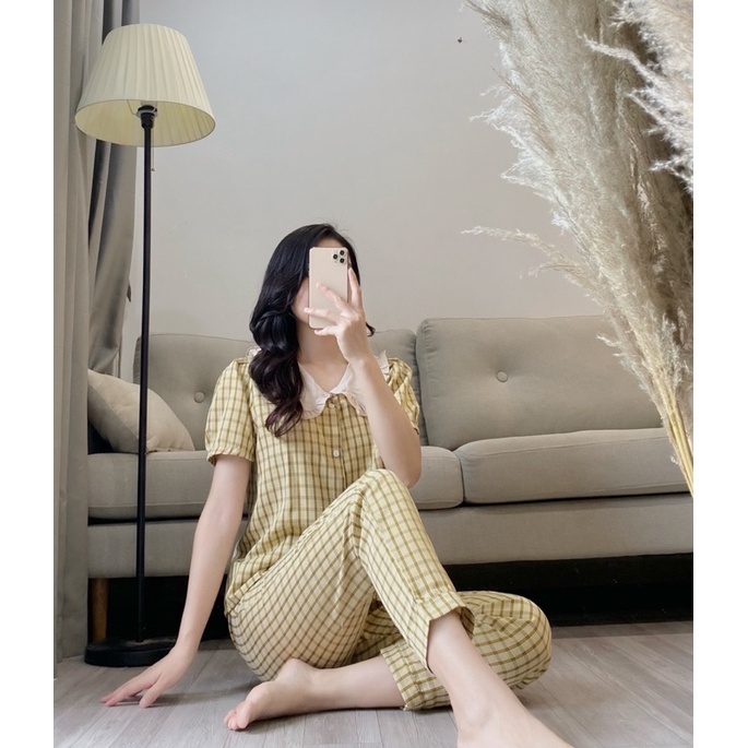 Bộ Pijama Chất Đũi Kẻ Cổ Bèo Tiểu Thư Mặc Nhà Hàng Thiết Kế Cao Cấp