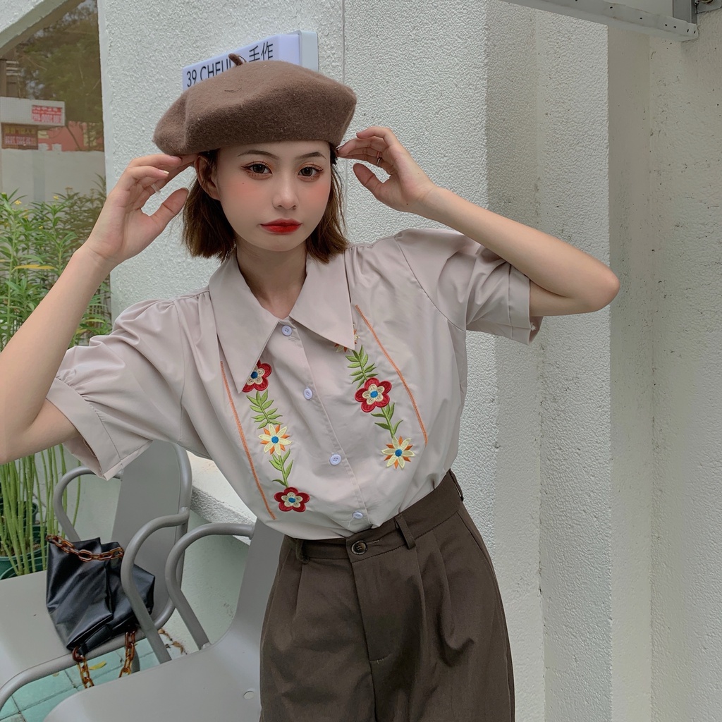 Áo Sơ Mi Ngắn Tay Họa Tiết Thêu Hoa Phong Cách Retro Pháp Thời Trang Mùa Hè Cho Nữ