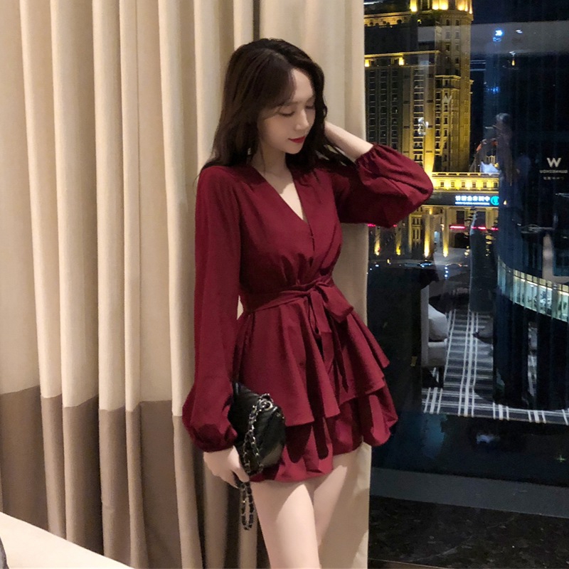 NRVP Đầm cổ chữ V bắt chéo form rộng ôm eo cao thời trang mùa thu cho nữ
