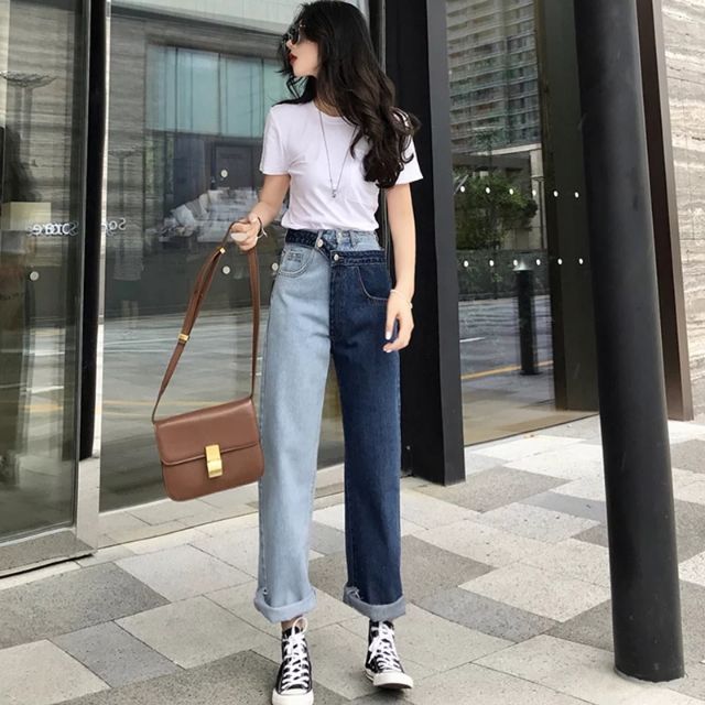 Quần bò jeans TIK TOK ulzzang dáng suông/baggy/dáng rộng phối màu đậm nhạt siêu chất ❤