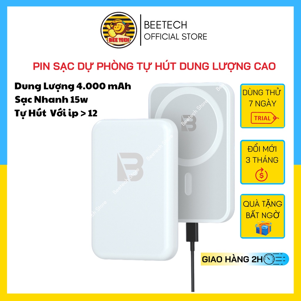 Sạc dự phòng không dây tự hút Beetech, pin dự phòng dung lượng 4000 mAh cho iP