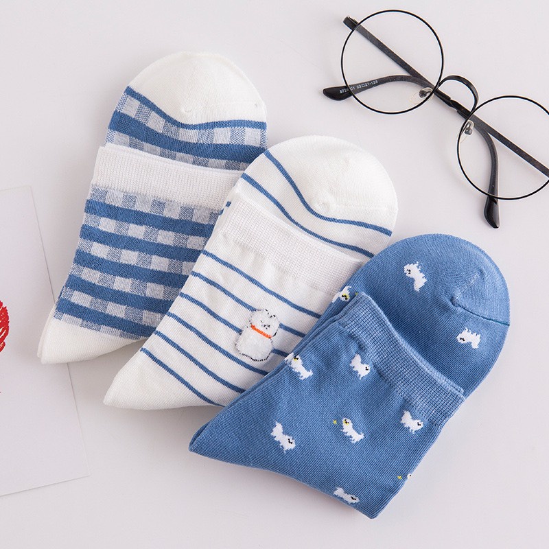 Set 3 đôi vớ nữ cổ cao hàn quốc xanh trẻ trung cao cấp Muzini TN93