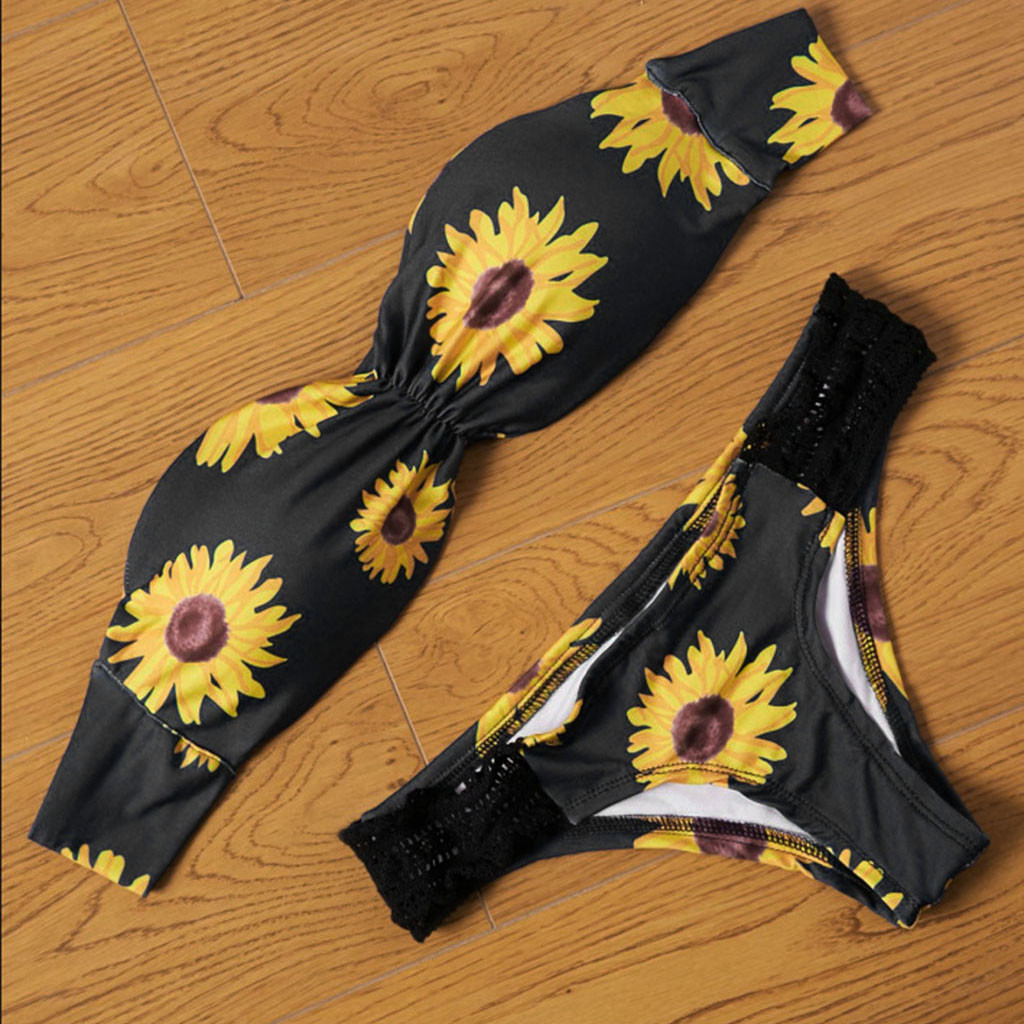 Latopee Women Sunflower Print Tube Up Two Pieces Bathing Suit Bikini Swimwear Swimsuit