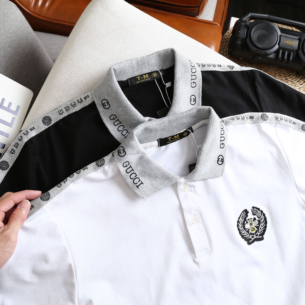 Áo thun nam ngắn tay cổ bẻ thêu họa tiết ong tinh tế