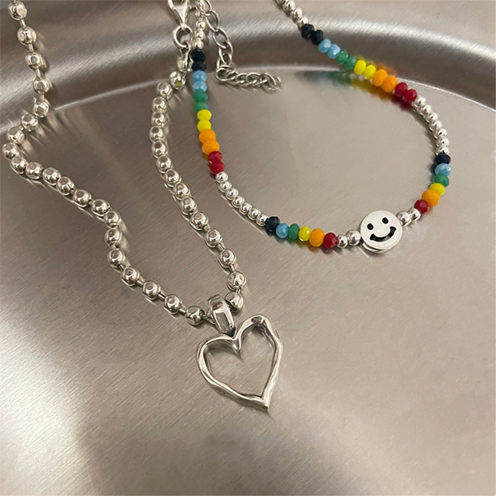 Set 2 Vòng cổ Trái Tim Đính Hạt Màu Cầu Vồng Phong Cách Hàn Quốc