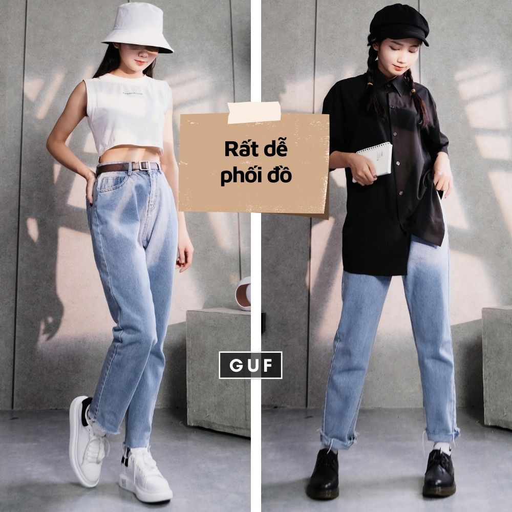 Quần Jean Nữ Dáng Baggy Thương Hiệu GUF Cạp Cao Có Chỉnh Eo GUF