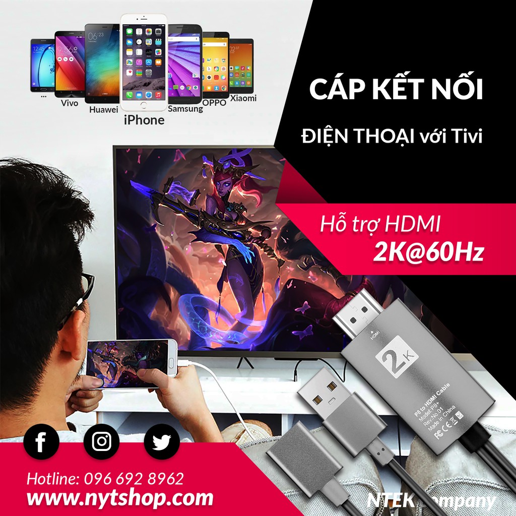 Cáp Kết Nối Tất Cả Điện Thoại Với Tivi - Dùng Cho Iphone, Samsung, Oppo, Huawei, Sony, Xiaomi...| 2K cable