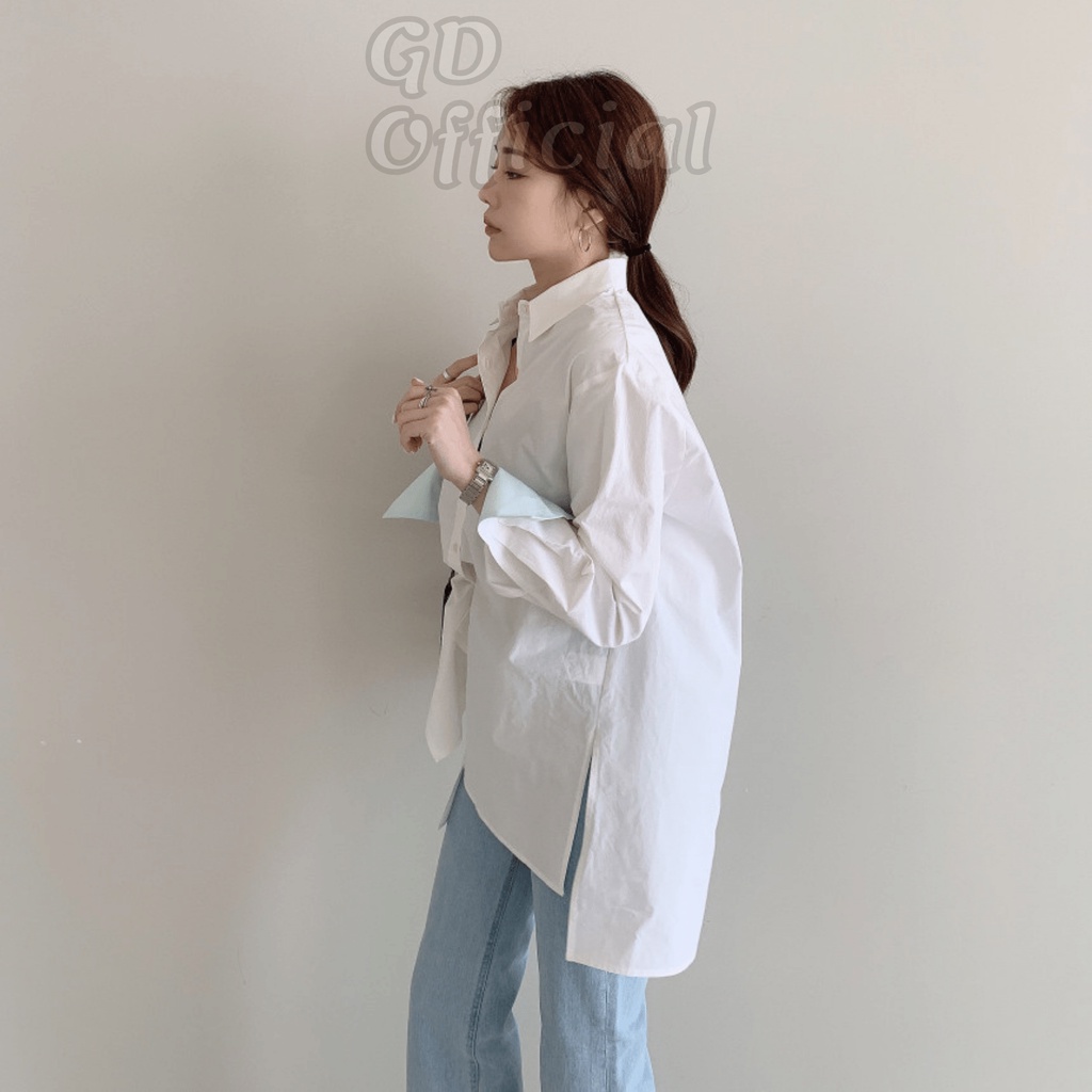 A8|Áo sơ mi trắng cotton dày dặn tay áo lật dáng rộng cho nữ thanh lịch công sở, basic xẻ tà xanh GD Official
