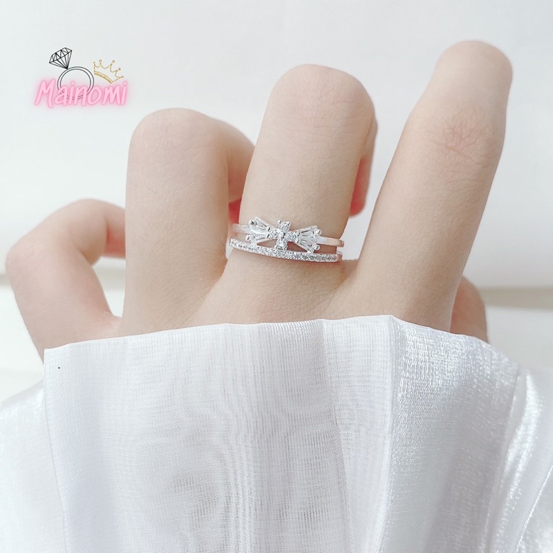 Nhẫn nữ hình nơ kép MAINOMI mã kèm quà tặng, xinh xắn chuẩn bạc thiết kế độc đáo