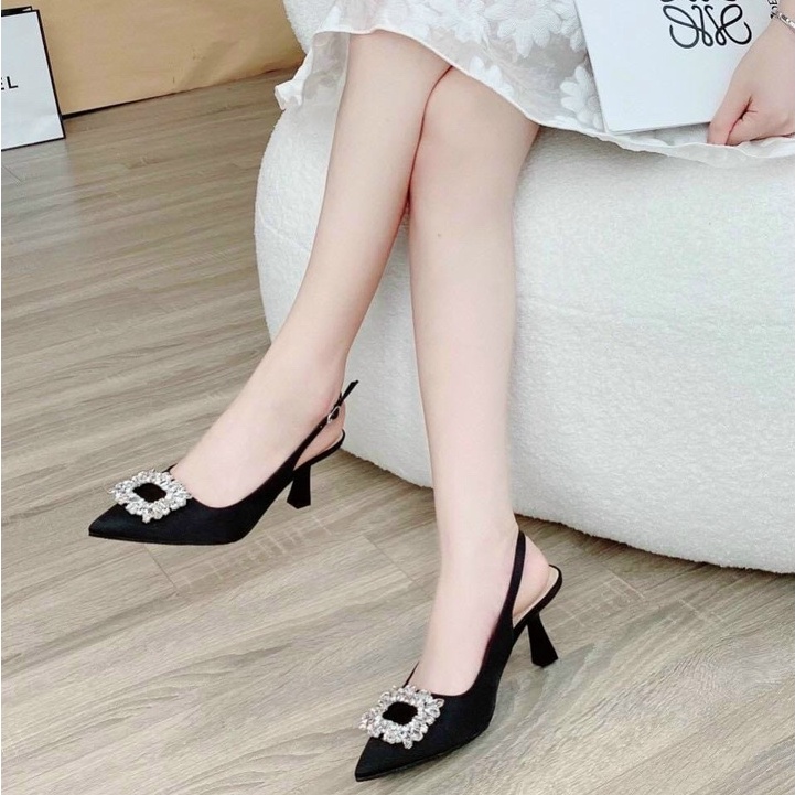 Giày Cao Gót Nữ 7 Phân Mặt Đá Cao Cấp Chân Thường Chân Mỏng Lùi Size