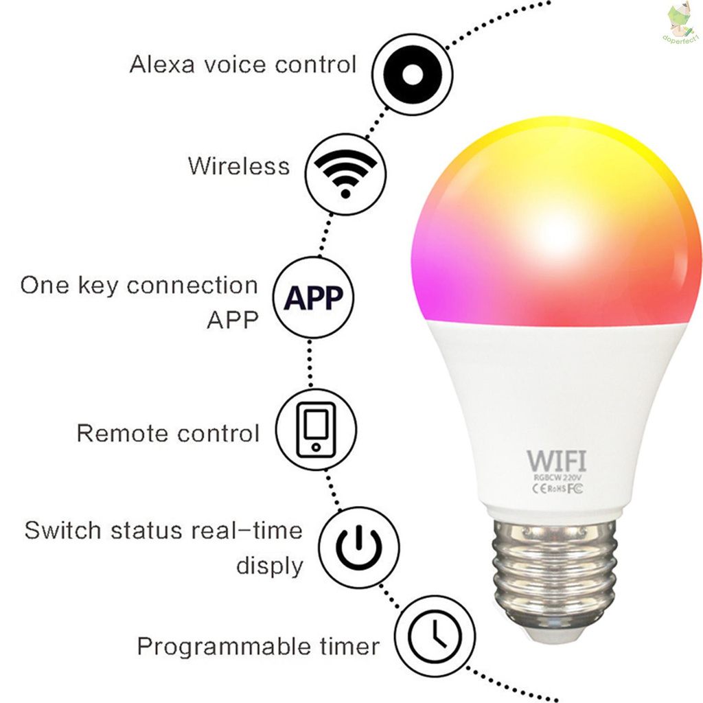 Fcmila TY007 Smart WiFi Light Bulb LED RGB Color Changing Compatible with Amazon Alexa/Google home/IFTTT/Tmall Genie No Hub Required A19 E27 Multicolor Tuya/SmartLife APP Control 220V