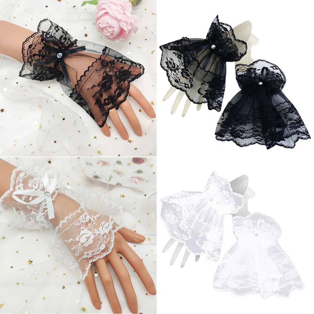 HS Party Fingerless Gloves Bowknot Bracelets Sunscreen Gloves Womens Lace Halloween Gothic|Wrist Cuffs/Multicolor