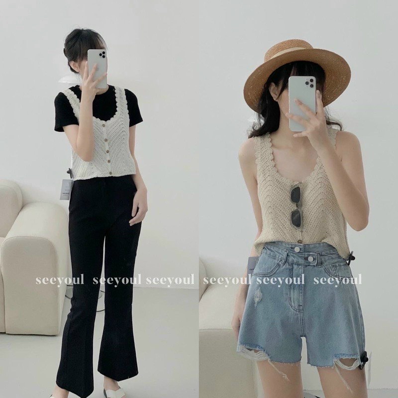 Áo Len Croptop Hai Dây Cúc Gỗ 2 Màu Trắng Be, Labibi