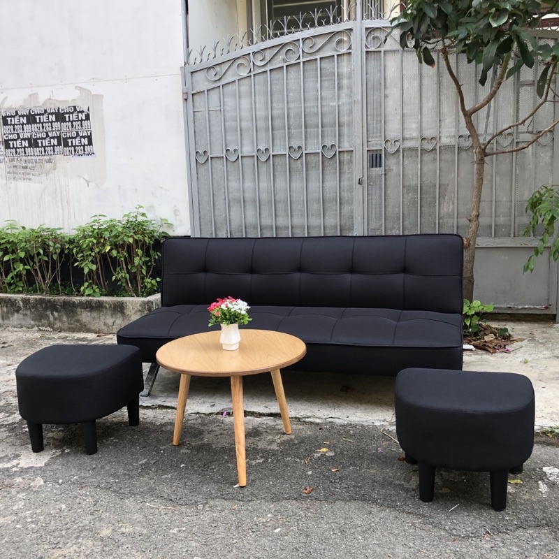 Sofa Bed - Sô pha Giường bọc vải bố màu đen có bàn và ghế đôn - Ghế sô pha xuất khẩu