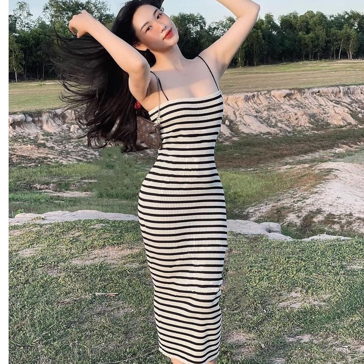 Váy đầm nữ ôm body hai dây sọc ngang thời trang mùa hè sang chảnh