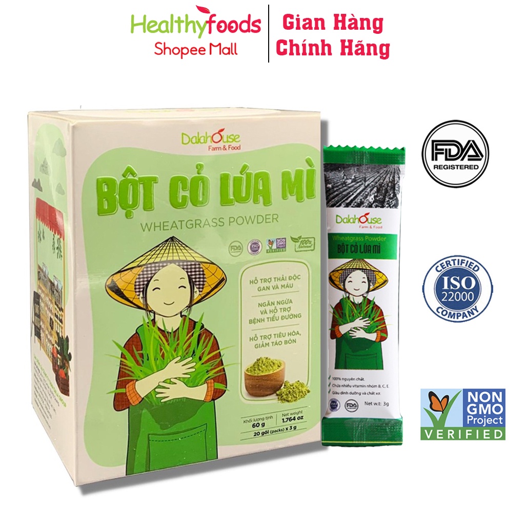 Bột cỏ lúa mì hữu cơ Dalahouse nguyên chất sấy lạnh 60gr tốt cho tim mạch, đạt chuẩn Châu Âu