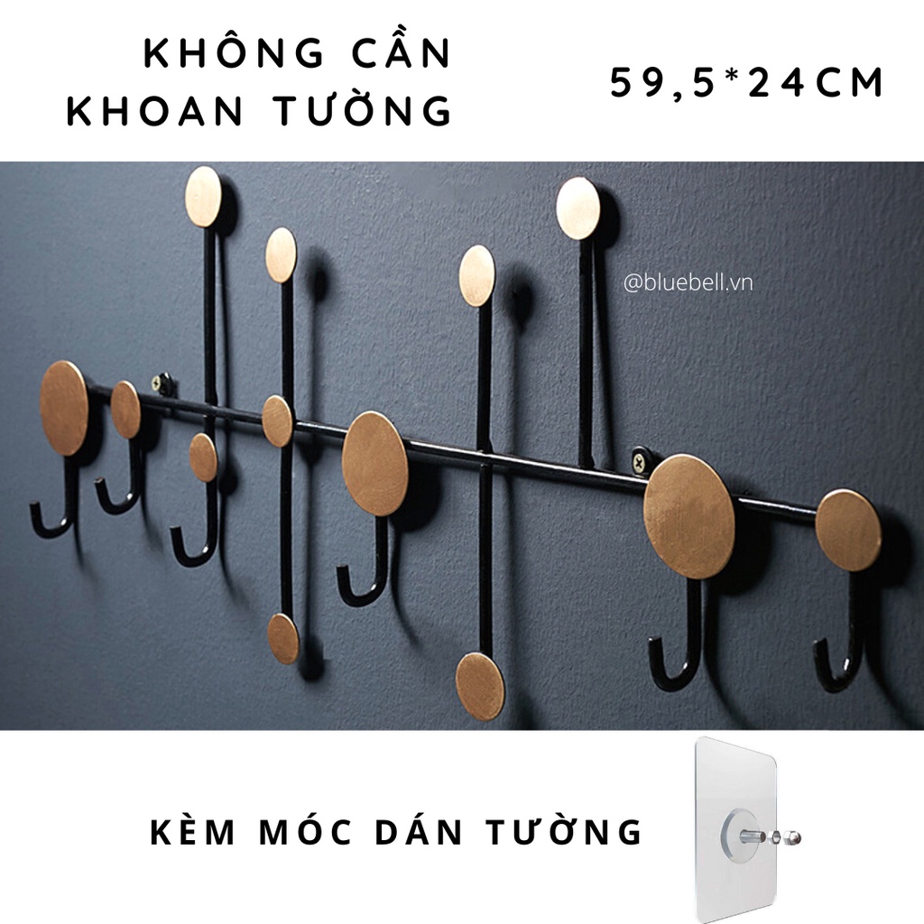 Móc Treo Quần Áo Gắn Tường Không Khoan Chịu Lực Bằng Sắt, Thanh Treo Đồ Dùng Dán Tủ Hình Chấm Tròn BlueBell