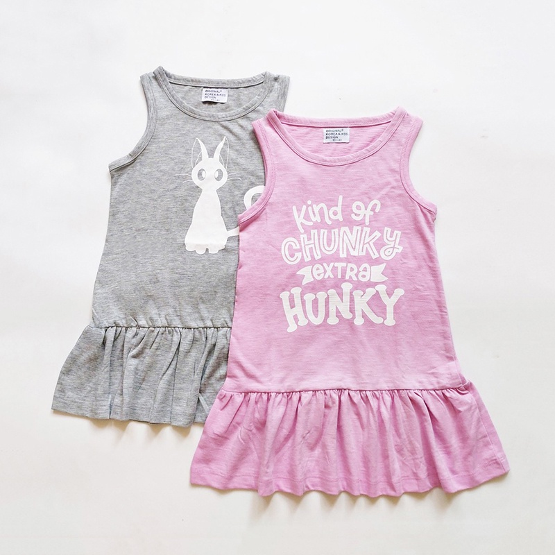 [XẢ HÀNG] Váy đầm thun sát nách XUẤT DƯ in hình đáng yêu cho bé gái 14-22kg