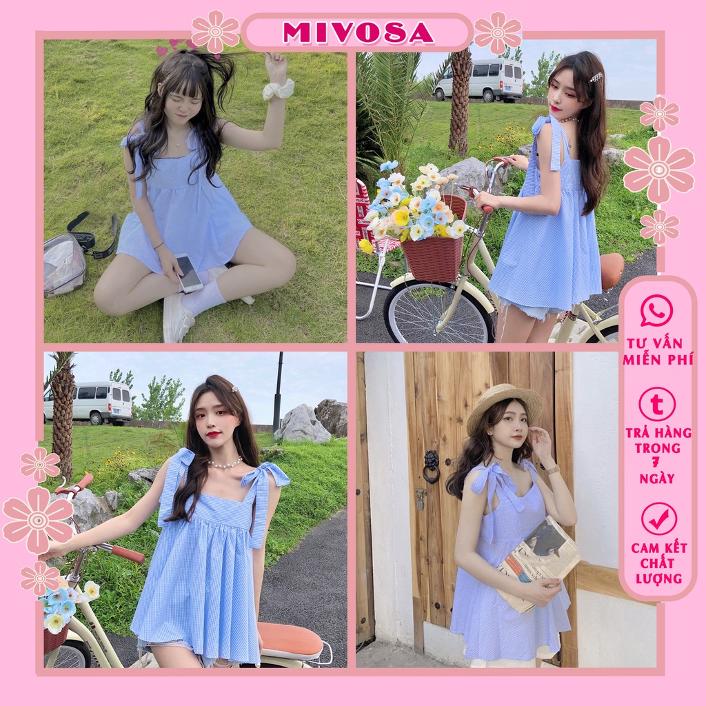 Set bộ nữ style Hàn Quốc set áo babydoll hai dây thắt nơ kẻ xanh và quần short trắng cực xinh MIVOSA SK001 | WebRaoVat - webraovat.net.vn