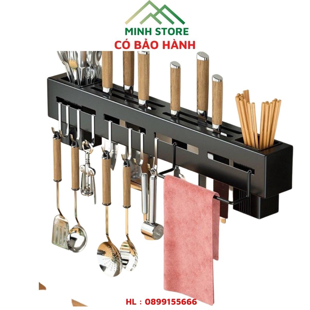 Giá gài dao kéo kệ dán tường để đồ nhà bếp có ống đựng đũa và móc treo muôi thìa bằng thép