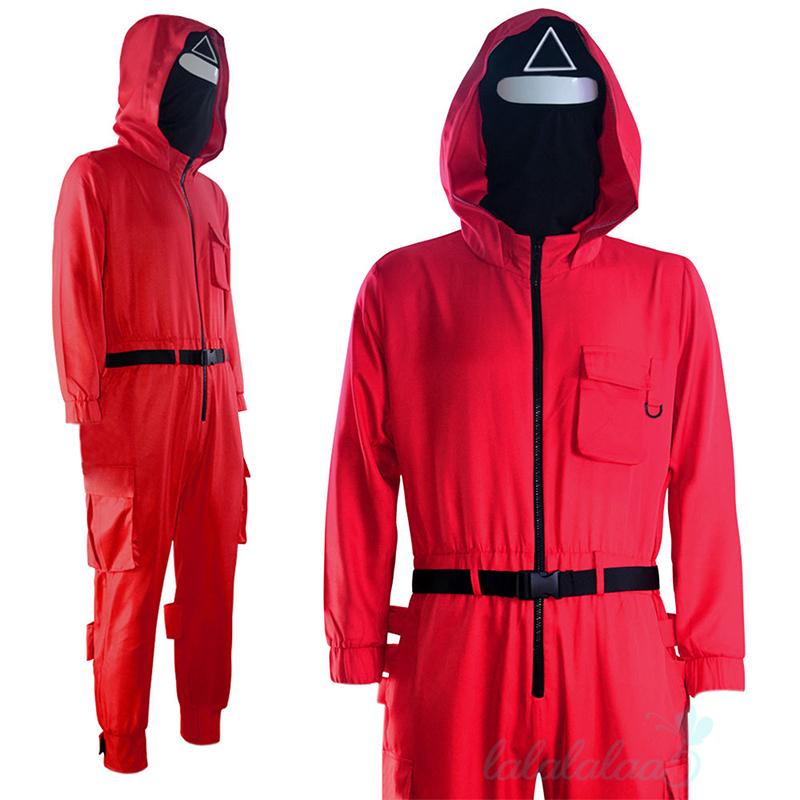 Bộ đồ liền thân tay dài hóa trang nhân vật trong phim Squid Game có khóa kéo và mũ đội đầu dành cho nam