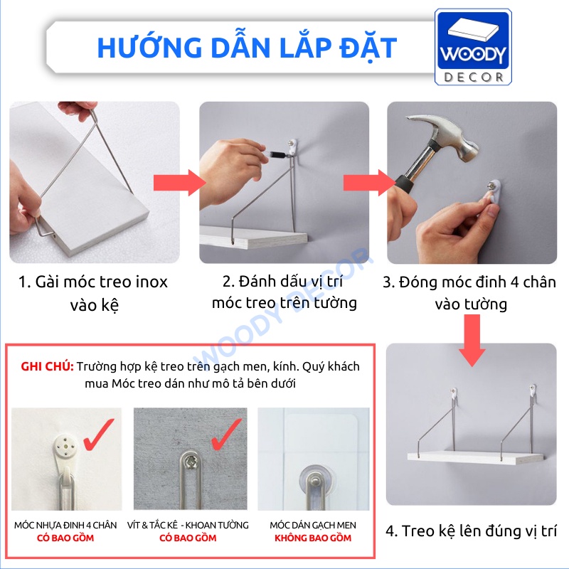 Kệ sách gỗ treo tường thanh ngang với móc treo inox, kệ trang trí nhiều kích thước WOODY AC