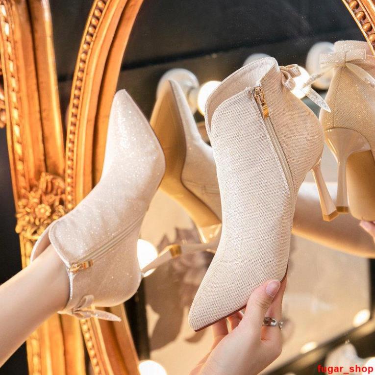Giày bốt martin mũi nhọn cổ thấp cao gót ánh nhũ cá tính dễ phối đồ thời trang thu đông cho nữ .