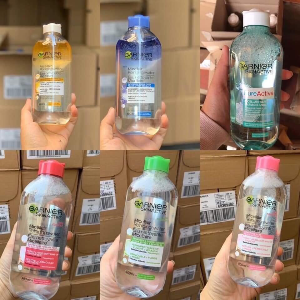 Nước tẩy trang Garnier xanh / Hồng / xanh lá/ vàng / xanh dương / da dầu mụn Pháp 400ml