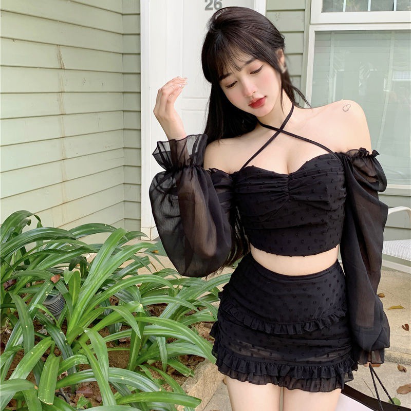 Áo Croptop Tay Dài Dáng Ôm Vải Voan Phối Dây Cột Họa Tiết Chấm Bi Thời Trang Cá Tính Cho Nữ