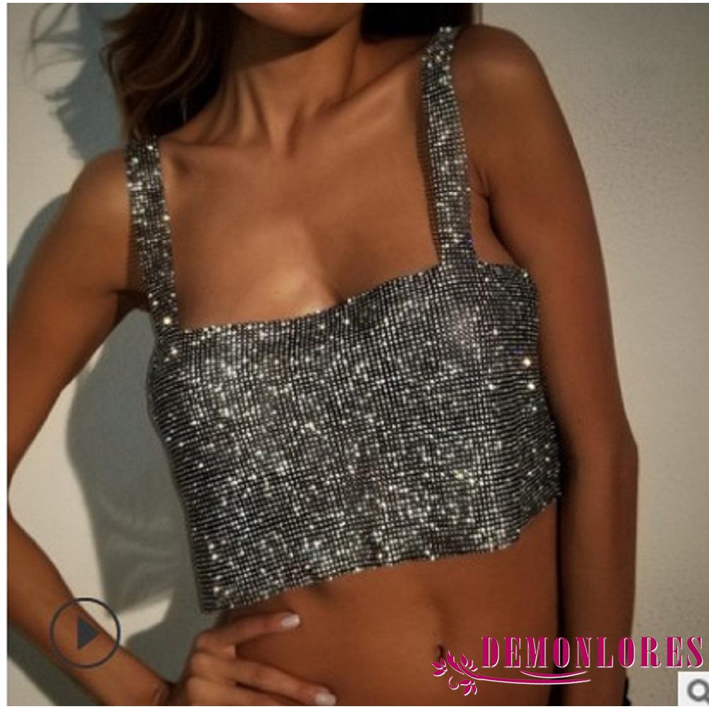 Áo Croptop Hai Dây Dáng Rộng Màu Trơn Đính Kim Sa Lấp Lánh Thời Trang Mùa Hè Cho Nữ