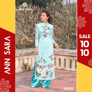 AG202 - Áo dài gấm xanh hoa ly ANN SARA
