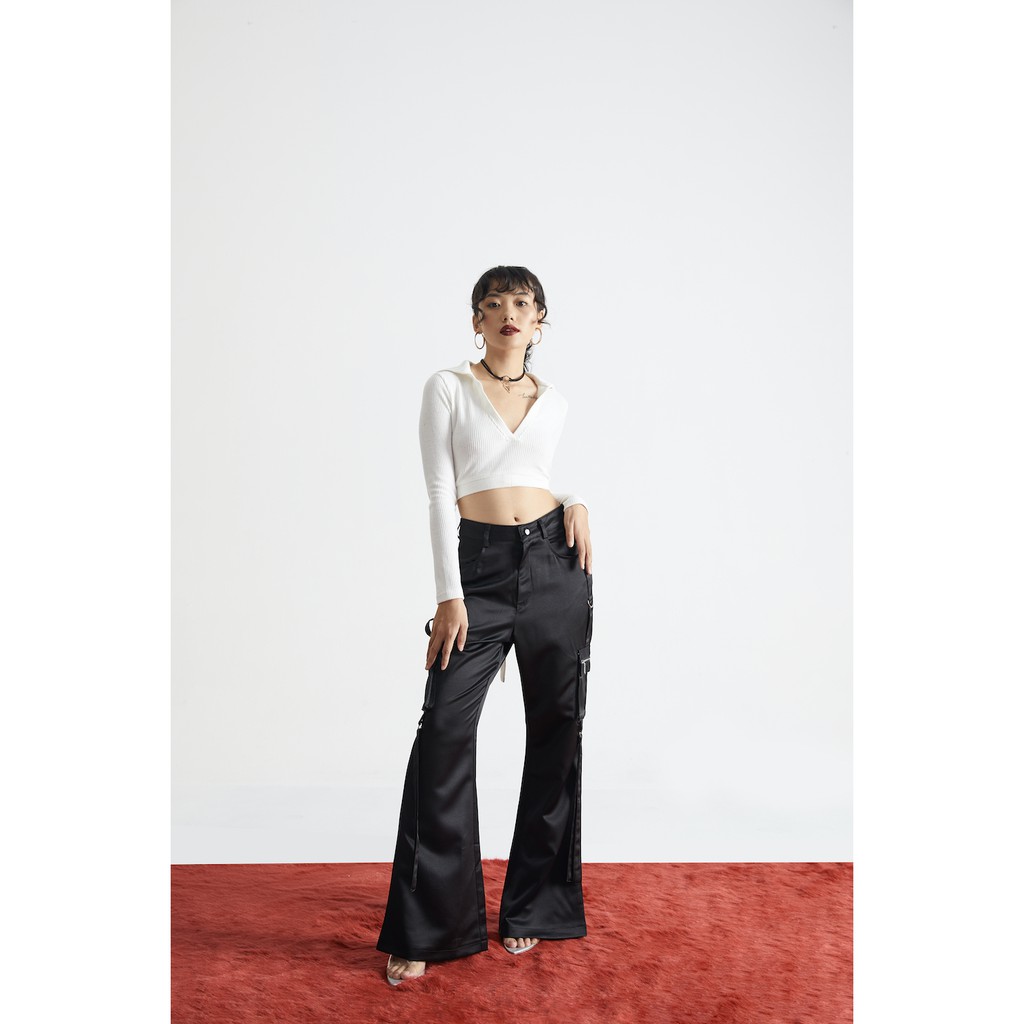 Quần satin túi hộp ống loe đen BLMDE | BigBuy360 - bigbuy360.vn