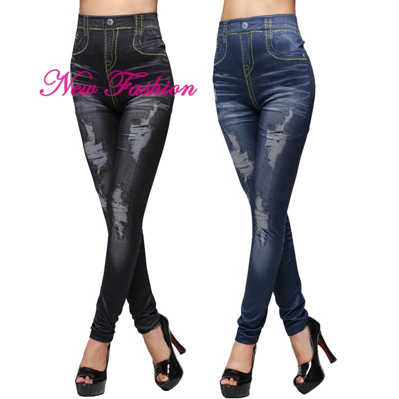 Quần legging giả jean rách lưng cao