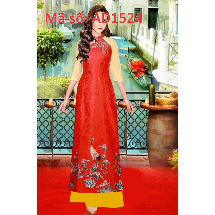 ⚡️ có big size 3XL ⚡️ AD1524 ÁO DÀI TRUYỀN THỐNG GẤM ĐỎ HỌA TIẾT HOA CHIM CÒ CỔ TRỤ TAY LỠ PHỐI MÀU KÈM QUẦN ỐNG RỘNG