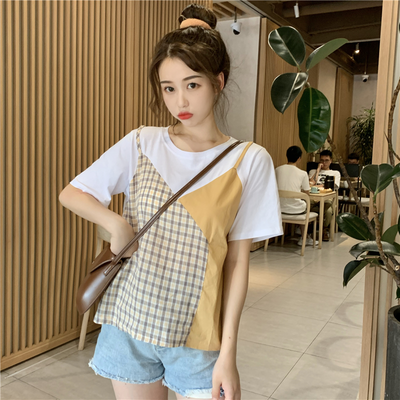 Áo Thun Ngắn Tay Phối Áo Ca Rô Trẻ Trung Dành Cho Nữ